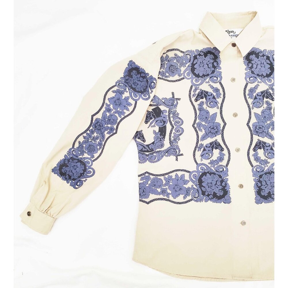Vintage 80s Roper Women's Western Horse Floral Cowgirl Button Down Shirt Tan  M - Picture 11 of 13